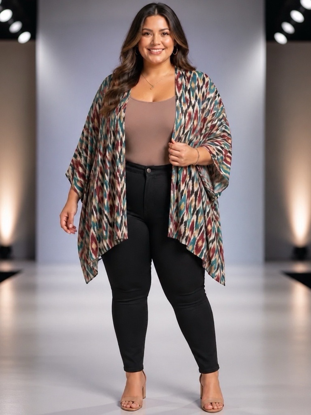 Plus-Size Open Front Printed Kimono - Teal, Burgundy & Cream